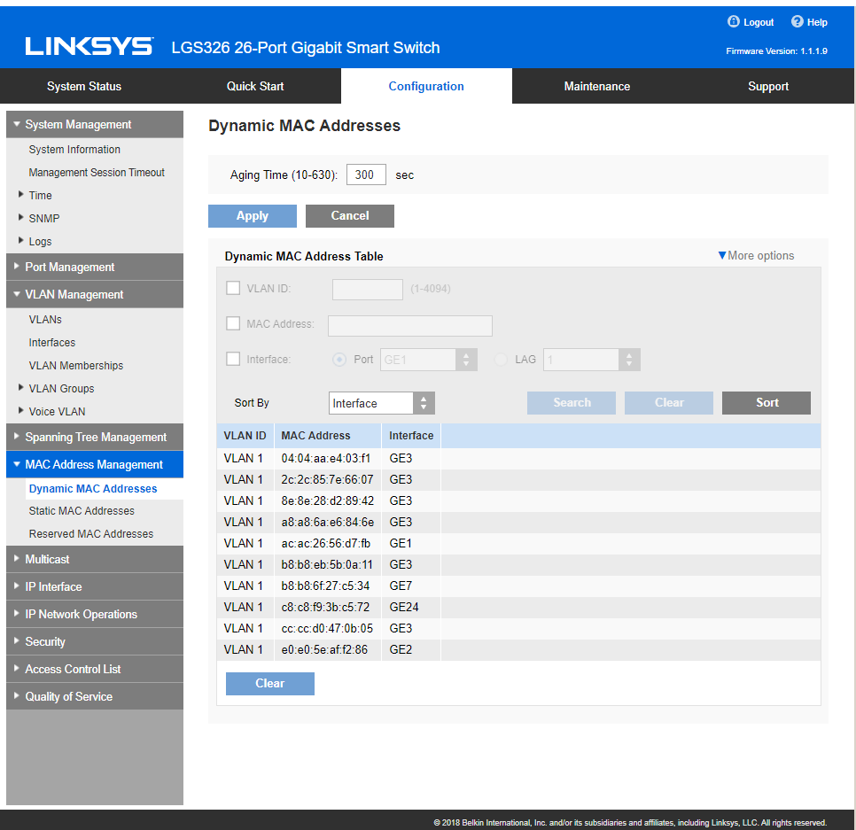 Menu d'un switch manageable