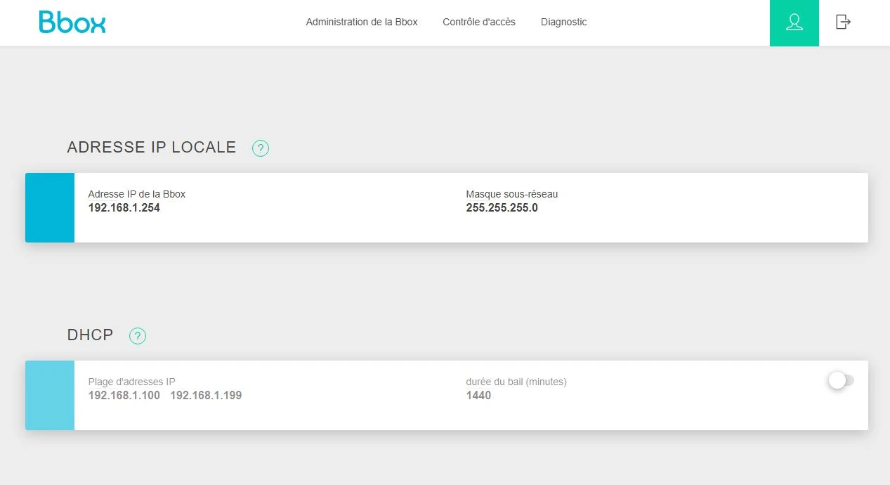 Capture d'écran du menu DHCP de chez Bouygues