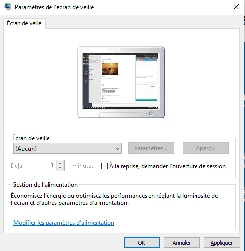 Le menu écran de veille