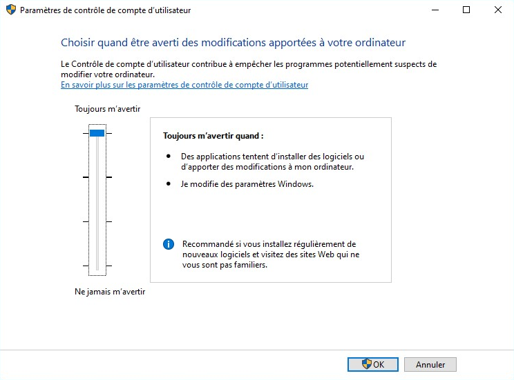 Paramètres de contrôle de comptes utilisateurs