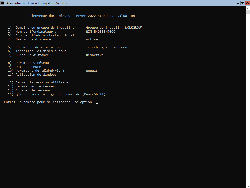 Capture d'écran de Windows Server 2022 Standard version Core